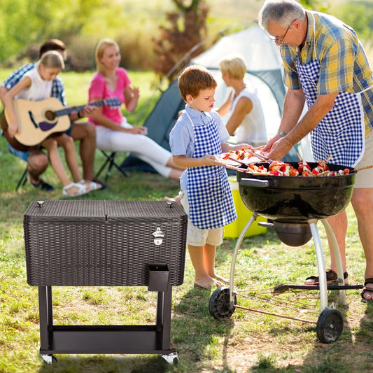 UBesGoo Outdoor Patio 80 Quart Party Portable Rolling Cooler Wheeled Ice Chest with Bottle Opener, Brown Rattan