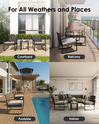 Patio Chairs Set, Outdoor Porch Balcony Furniture Set with Glass Coffee Table, Patio Rocking Wicker Chairs Set with Gray Cushion(Upgraded)
