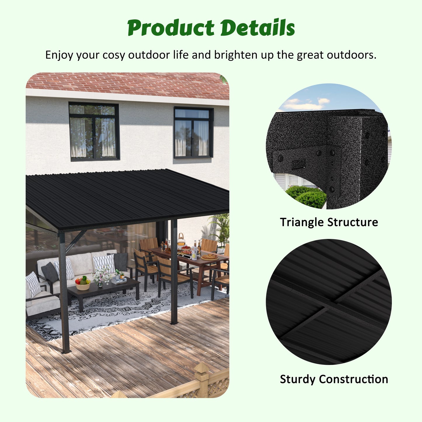 VEIKOUS 14' x 10' Outdoor Hardtop Gazebo, Patio Lean-to Pergola W/Heavy Duty Galvanized Metal Roof, Black