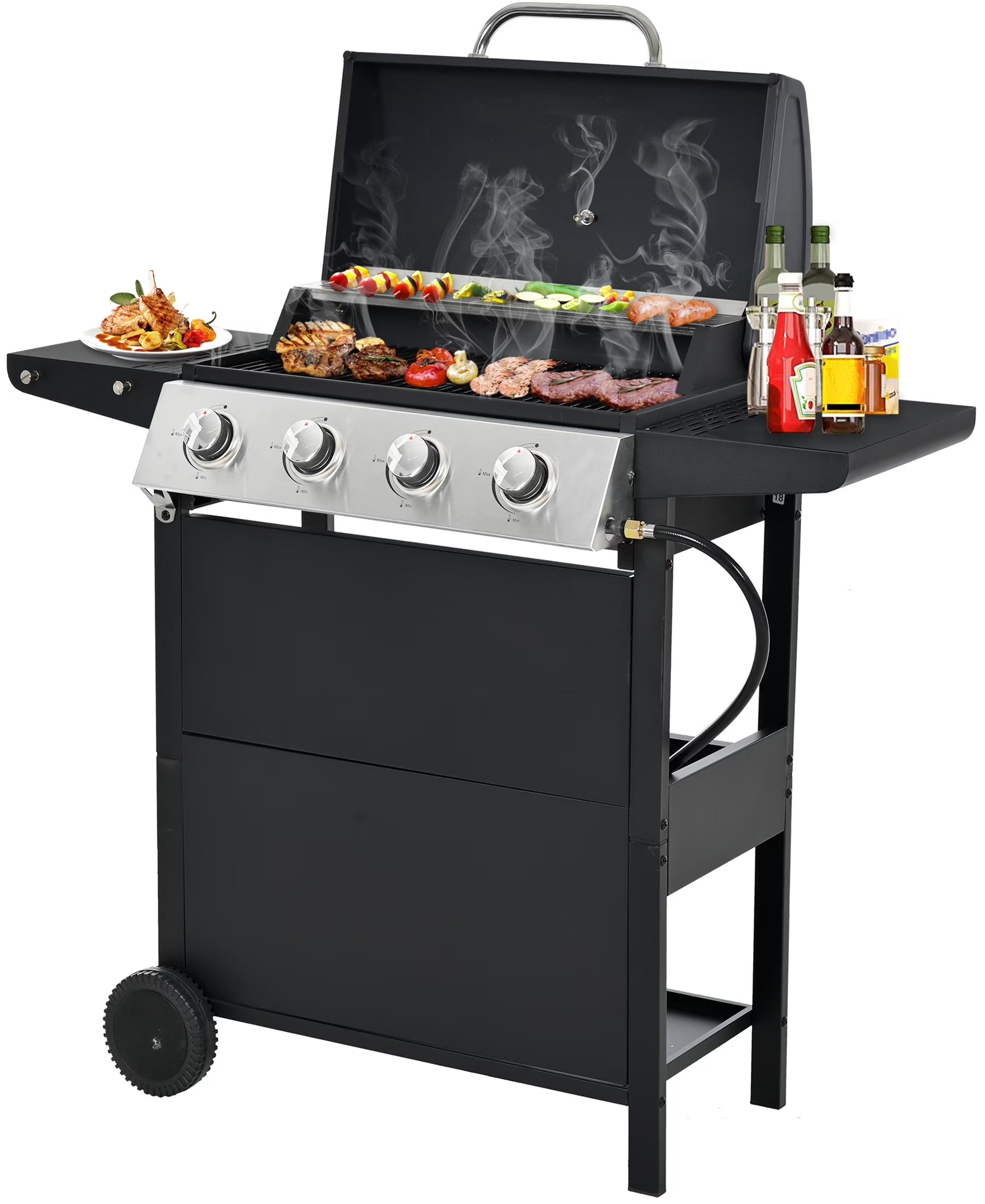 Segmart 3 Burner BBQ Propane Gas Grill, Stainless Steel 30,000 BTU Patio Garden Barbecue Grill with Folding Side Tables, Hanging Basket & Thermometer, Perfect for Camping, Outdoor Cooking