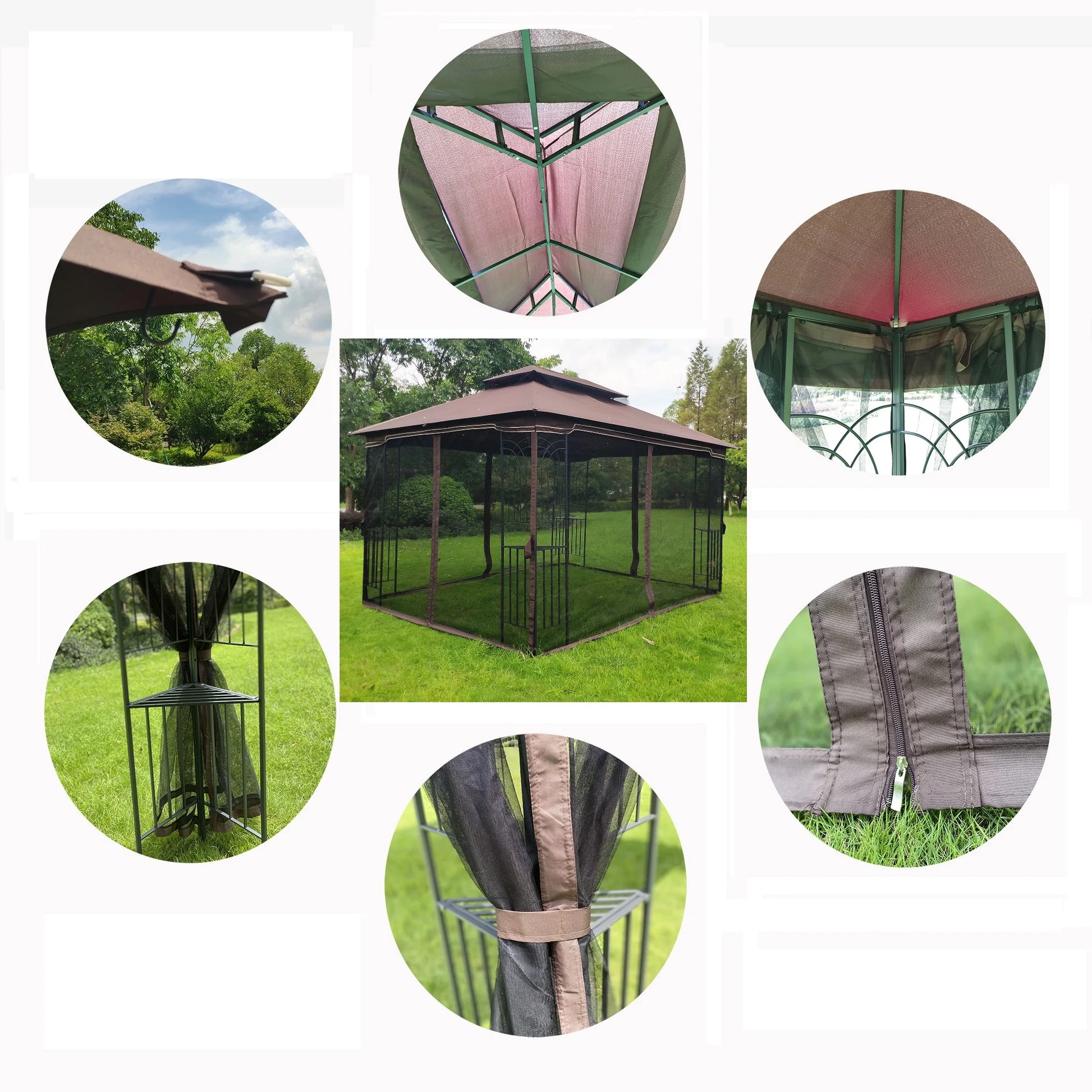 Perfect Garden 13x10ft Patio Gazebo, Metal Frame with Double Roof and Mosquito Net, Brown