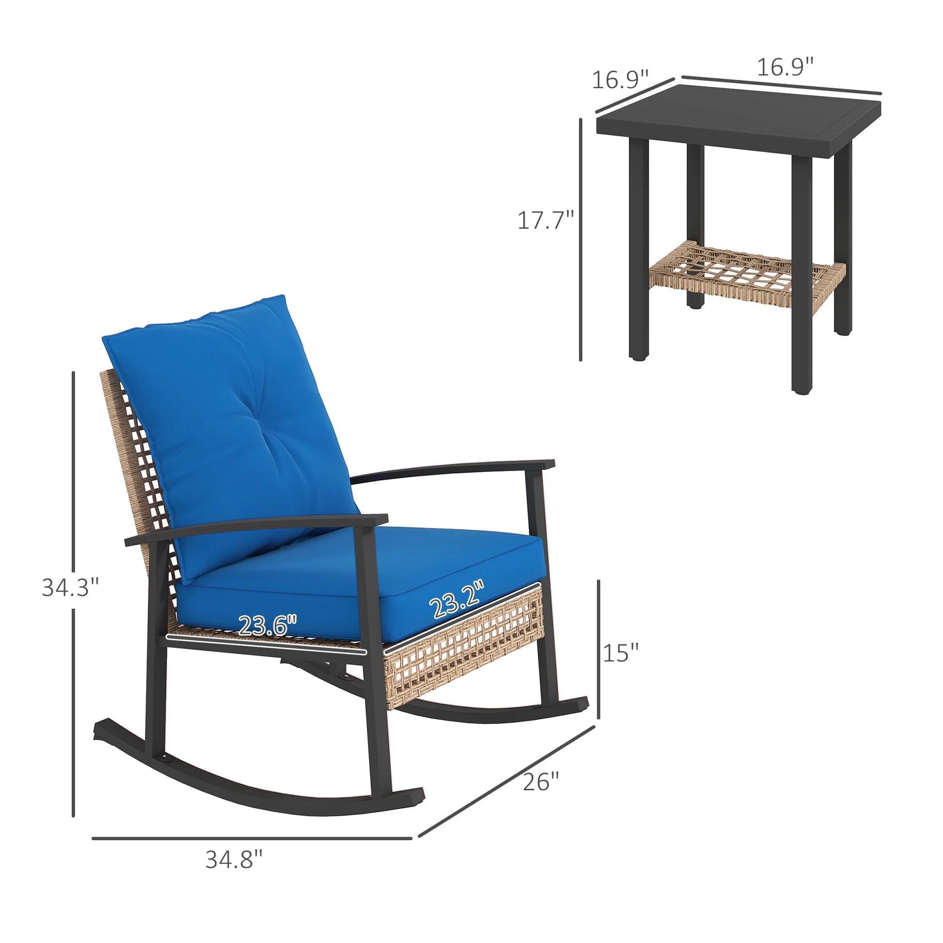 Outsunny 3 Pieces Patio Bistro Set, Wicker Furniture Set with Button Tufted Cushions, Rattan Rocking Chairs and Coffee Table, Dark Blue