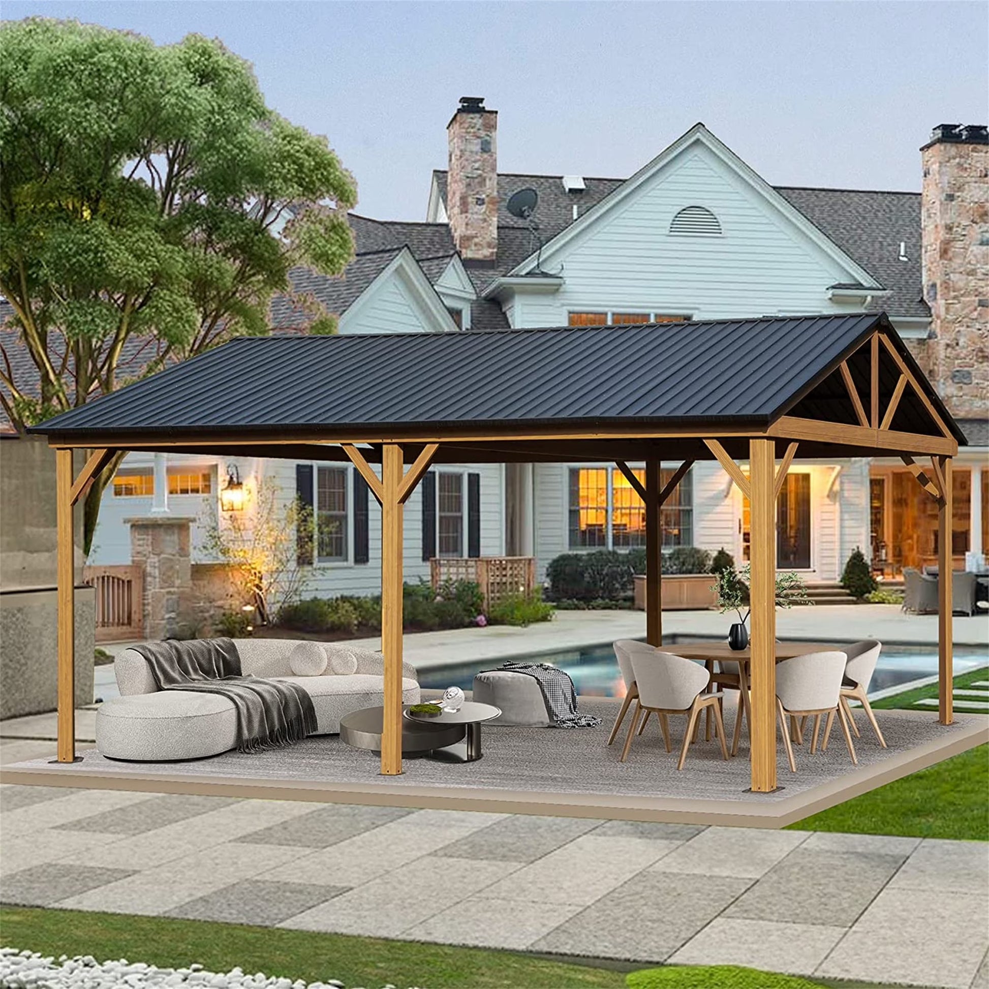 Mondawe 12x20ft Hardtop Gazebo, Galvanized Steel Gable Roof Gazebo Pergola with Wood Grain Aluminum Frame, Outdoor Permanent Gazebo Pavilion for Patio, Garden (Yellow Brown)