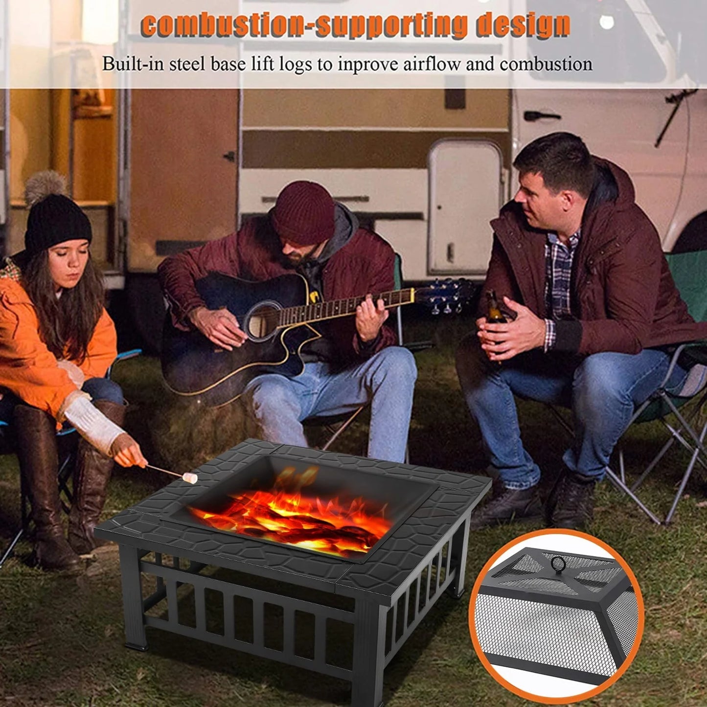 32" Square Fire Pit for Outside, Outdoor Wood Burning Metal Fire Pit with Spark Screen & Poker, Multifunctional Heater/Grill/Ice Pit for Backyard Patio Garden BBQ Grill, Black, S7039