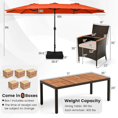 Costway 11 PCS Patio Wicker Dining Set with Double-Sided Outdoor Umbrella 8 Chairs Orange