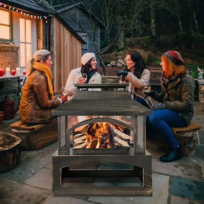 Large Outdoor Wood Burning Fireplace, house shape Outdoor Log Burner Fire Pit with Log Grate and Poker, 37" x 32" x 18" Large Metal Firepit for Patio Garden Backyard, Black