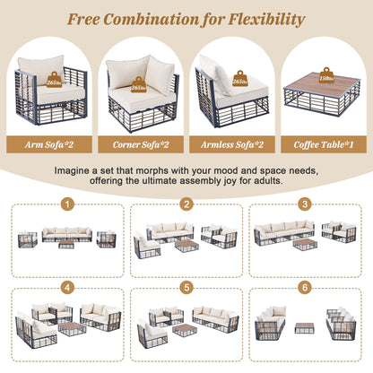 Harper & Bright Designs 7 Piece Outdoor Metal Patio Sectional Sofa Set, Free combination All Weather Patio Conversational Modular Furniture Set with Cushions and Coffee Table for Outdoor, Gray