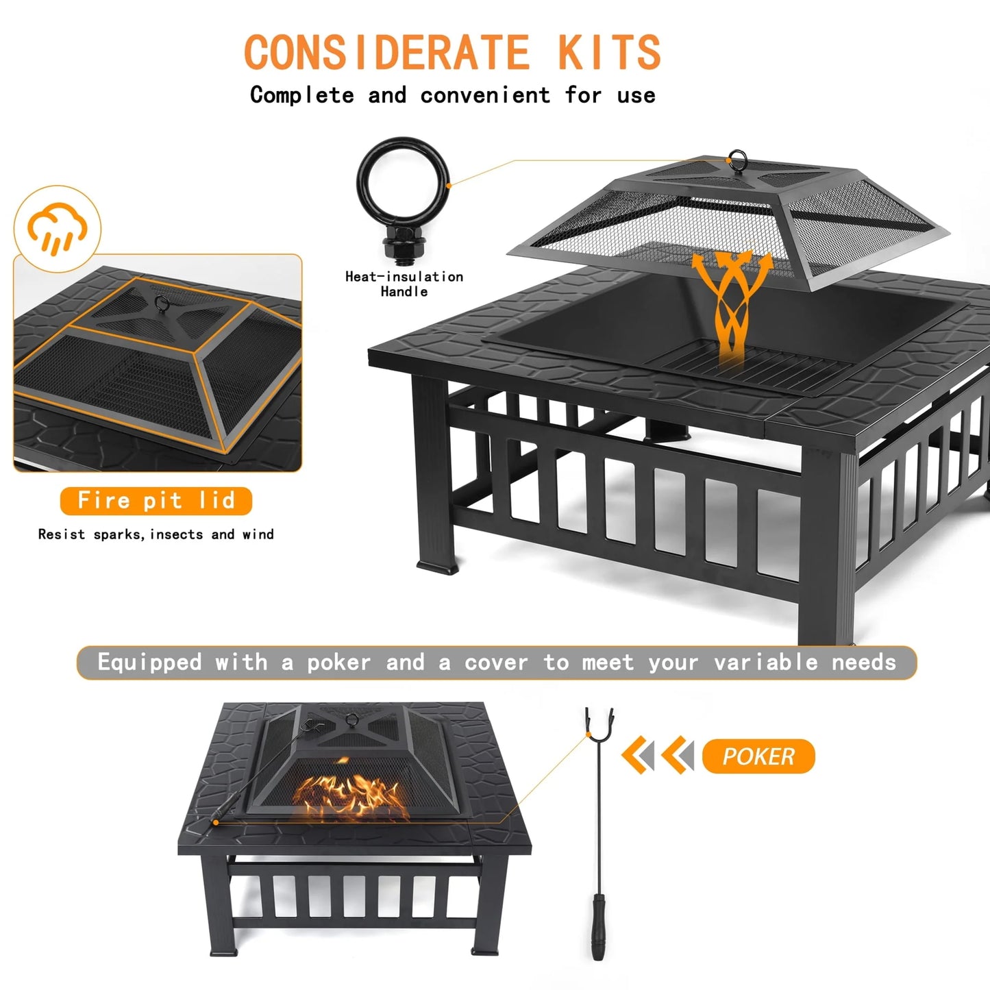 SEGMART Outdoor Fire Pit, 32" Square Metal Fire Pit Table, Stove Wood Burning Fire Pit Bowl, Spark Screen & Log Poker, Ideal for Yard Patio Beach Picnic Bonfire