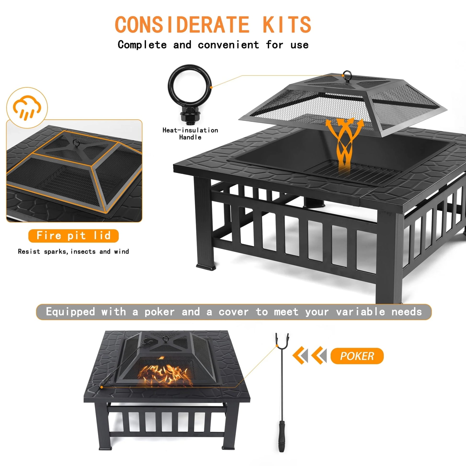 SEGMART Outdoor Fire Pit, 32" Square Metal Fire Pit Table, Stove Wood Burning Fire Pit Bowl, Spark Screen & Log Poker, Ideal for Yard Patio Beach Picnic Bonfire