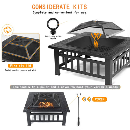SEGMART Outdoor Fire Pit, 32" Square Metal Fire Pit Table, Stove Wood Burning Fire Pit Bowl, Spark Screen & Log Poker, Ideal for Yard Patio Beach Picnic Bonfire