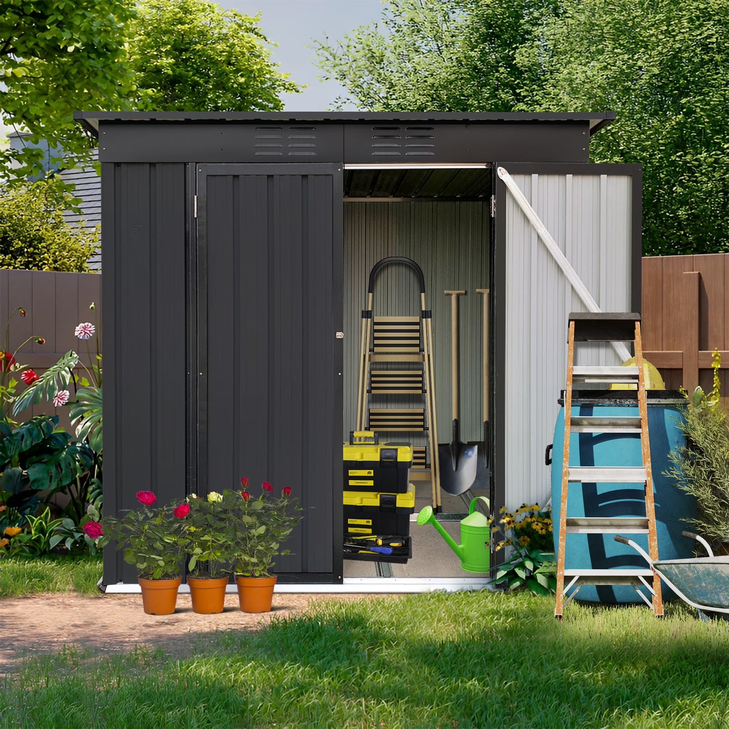 Aukfa Outdoor Storage Shed, 5 X 4 FT Metal Garden Shed, Waterproof Tool Shed for Backyard Patio, Brown
