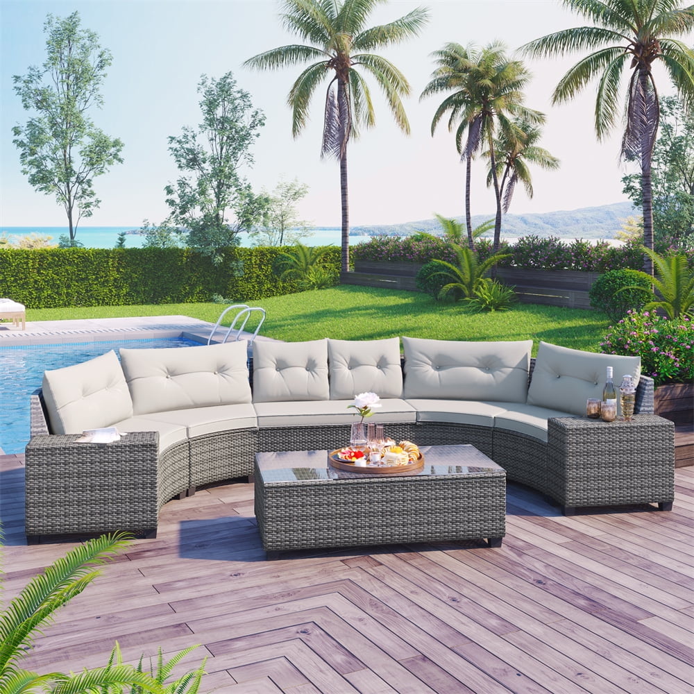 8 Pieces Outdoor Wicker Round Furniture Set, All Weather Half-Moon Sectional Patio Sofa Sets with Rectangular Coffee Table, Beige