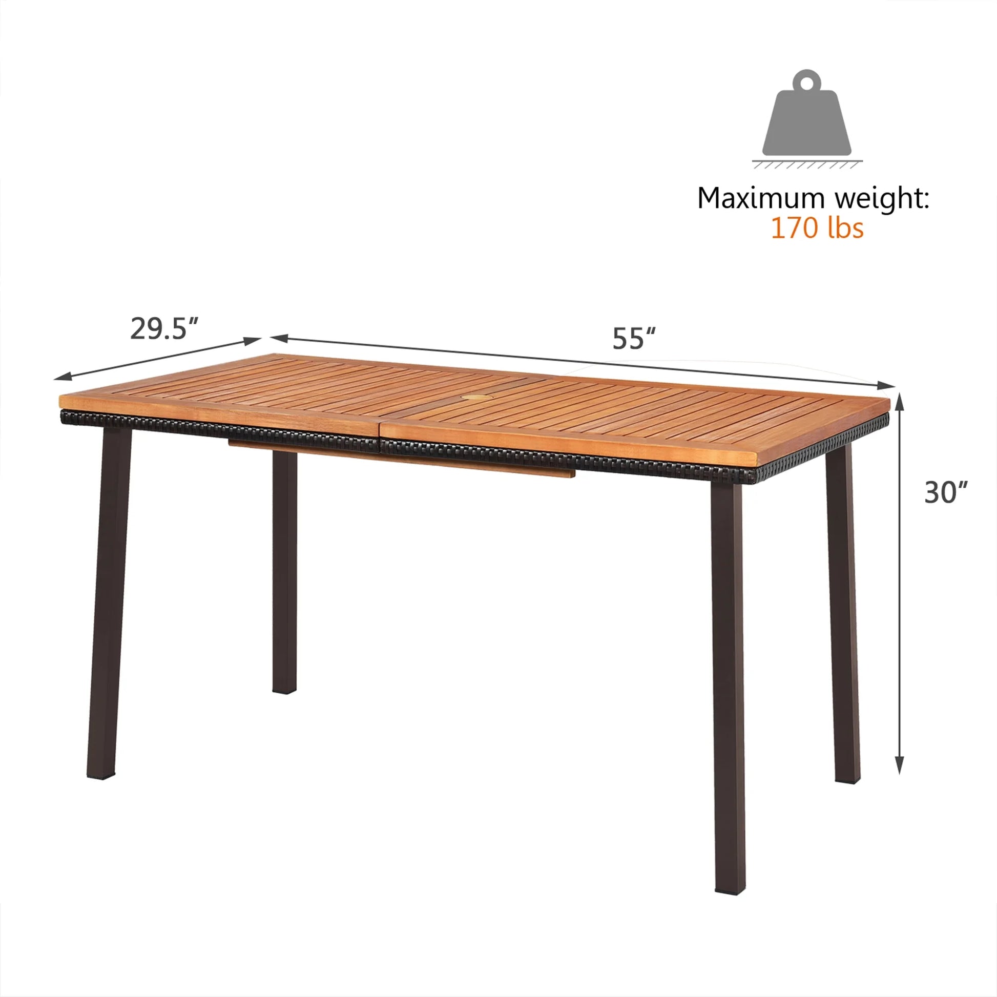 Gymax Rectangle Patio Outdoor Dining Table Acacia Wood Tabletop w/2'' Umbrella Hole