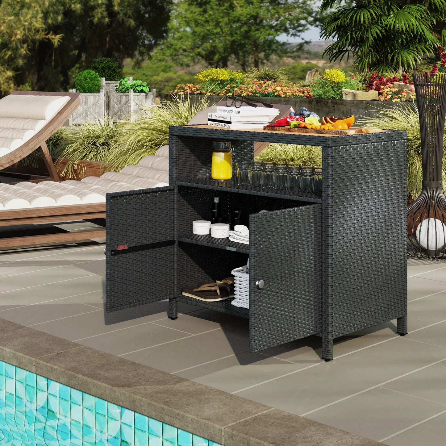 Outsunny Rattan Outdoor Storage Cabinet, Wicker Bar Table with Acacia Wood Countertop, Two Doors, Shelf, for Garden, Patio, Backyard, Black