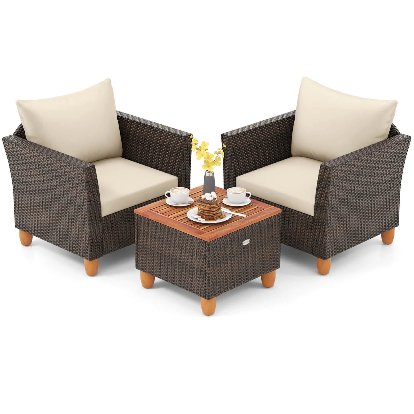 Costway 3PCS Patio Wicker Rattan Sofa Set Furniture Outdoor Acacia Wood Conversation Brown