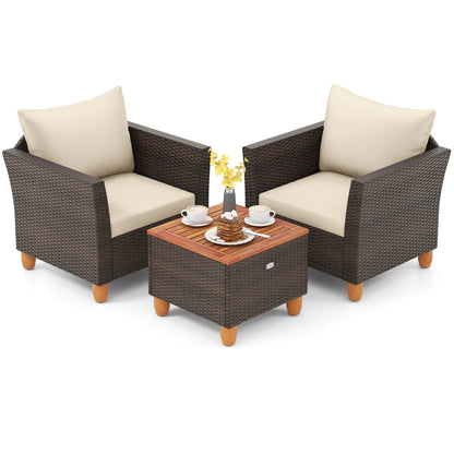 Costway 3PCS Patio Wicker Rattan Sofa Set Furniture Outdoor Acacia Wood Conversation Brown