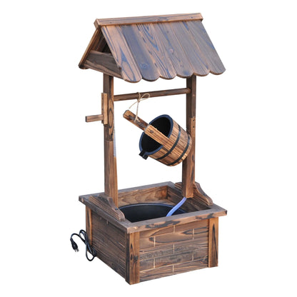 JXXRZ Wooden Wishing Well Fountain w/Adjustable Pump, Rustic Waterfall Bucket for Garden Patio Lawn, Carbonized Fir Wood