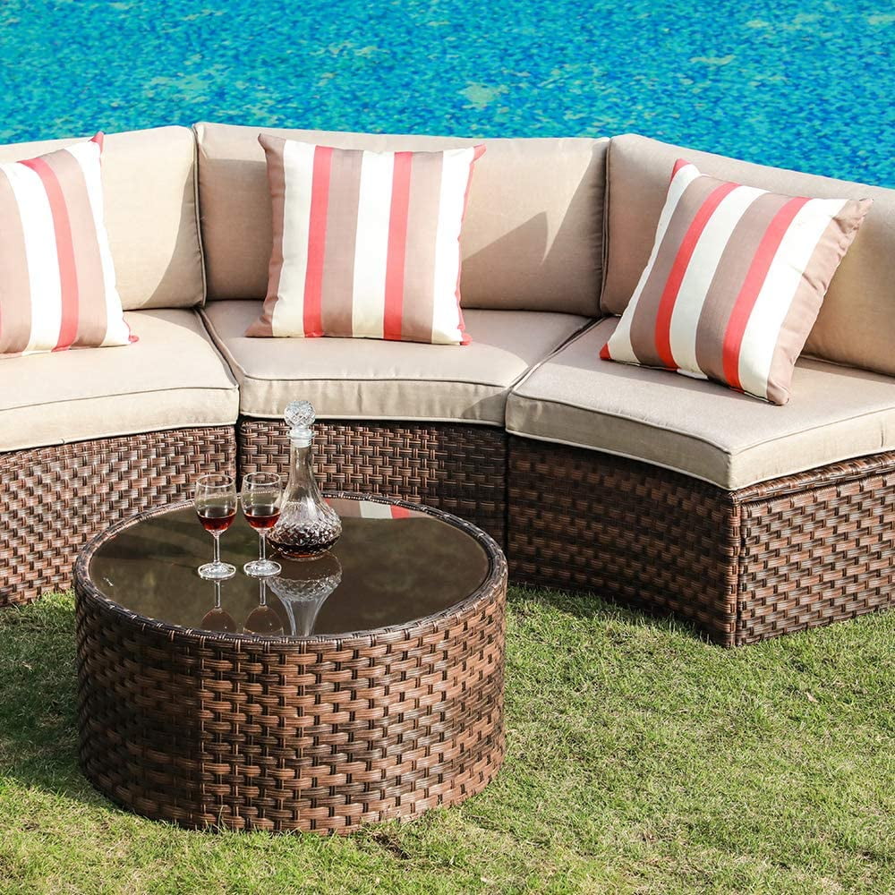 Outdoor Sectional Sofa Set, Half-moon Furniture with Cover, Patio PE Wicker Set with Beige Cushions & Tempered Glass Coffee Table, 5-Piece