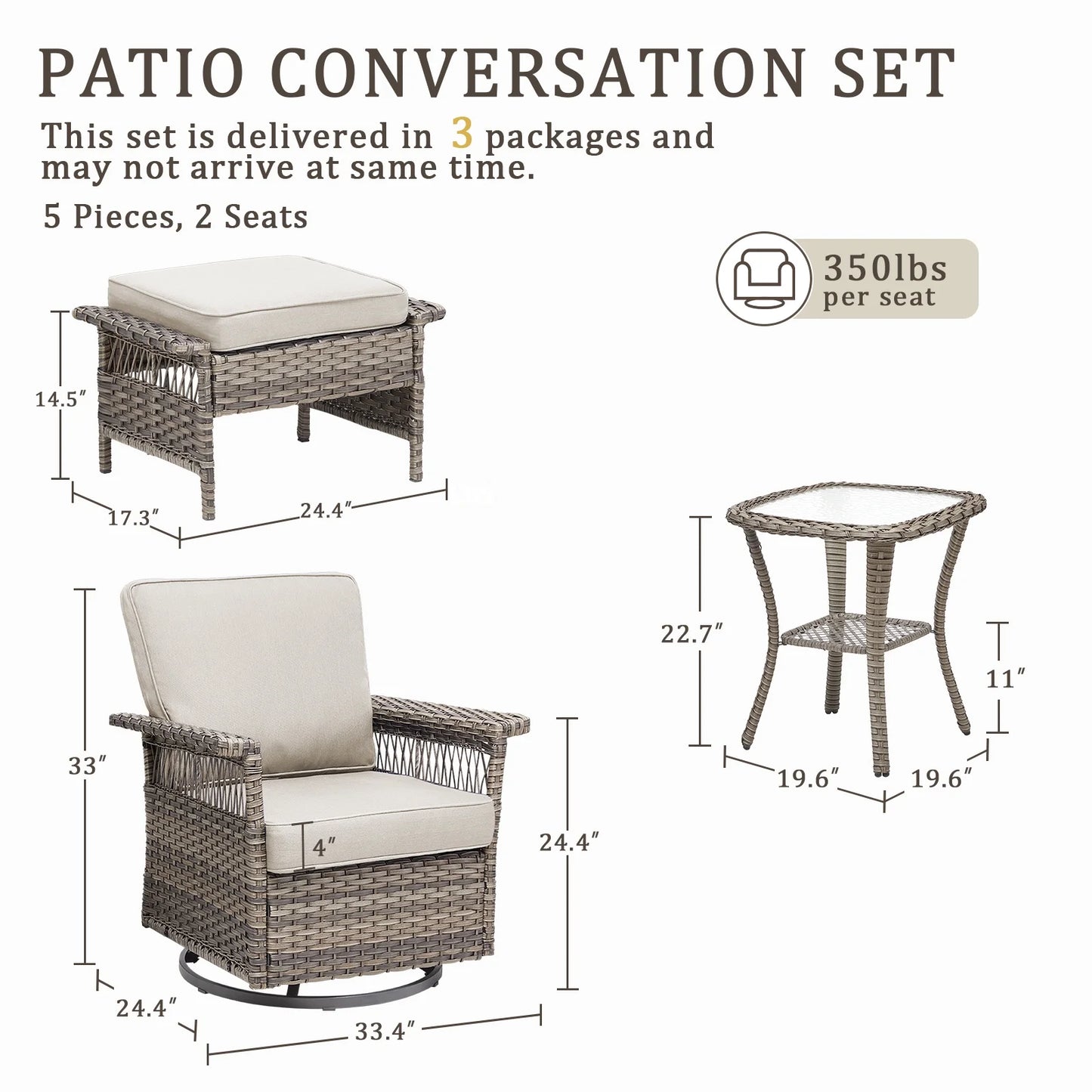 Feishominhoo Outdoor Swivel Rocker Patio Chairs,Gray Wicker Rocking Glider Chairs Set of 2 with Ottomans, Side Table and Beige Cushions Outdoor Patio Furniture for Balcony Porch Deck