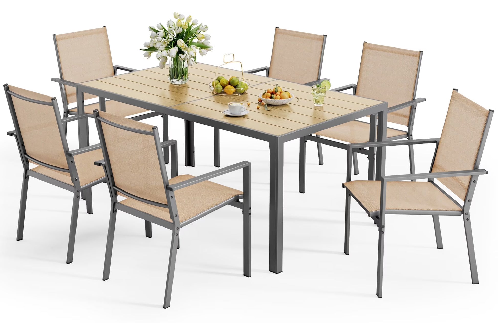 Outdoor Dining Set, Lofka 7 Piece Patio Dining Table Set for 6 Persons with Cool Textilene Armchairs for Backyard & Garden, Brown