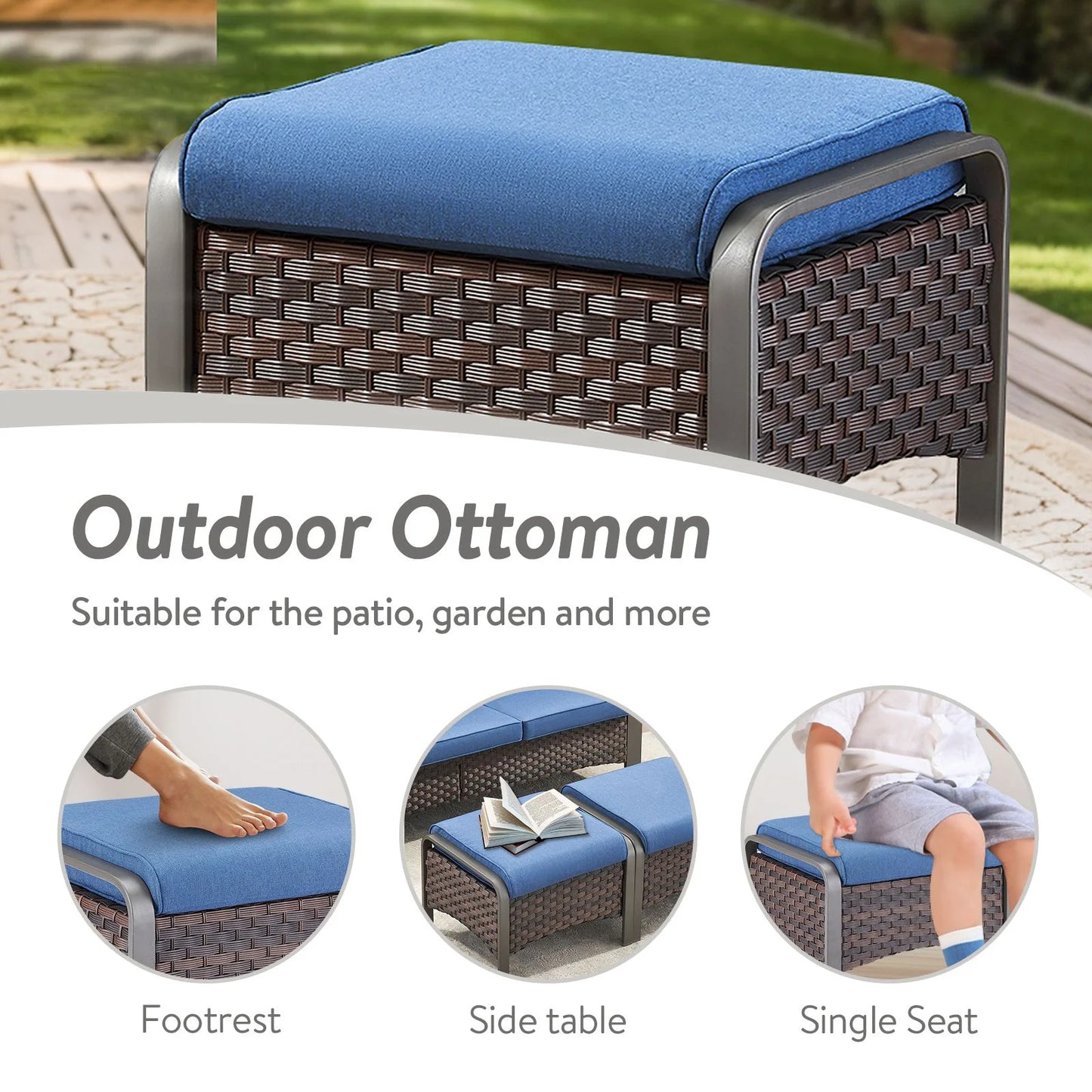 OPOHORO 3-Piece Outdoor Patio Furniture Set, 75-Inch Wicker Sofa with 2 Ottomans, Brown Rattan Couch with Blue Cushions for Deck or Backyard