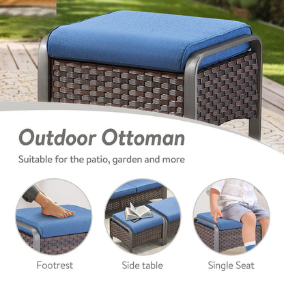 OPOHORO 3-Piece Outdoor Patio Furniture Set, 75-Inch Wicker Sofa with 2 Ottomans, Brown Rattan Couch with Blue Cushions for Deck or Backyard