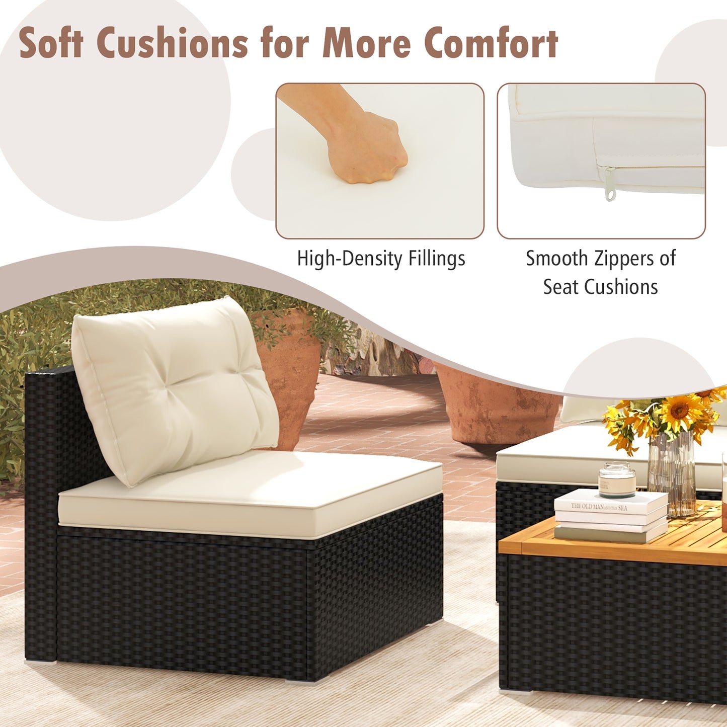 Gymax 5PCS Rattan Patio Conversation Sofa Set Outdoor Furniture Set w/Off White Cushions
