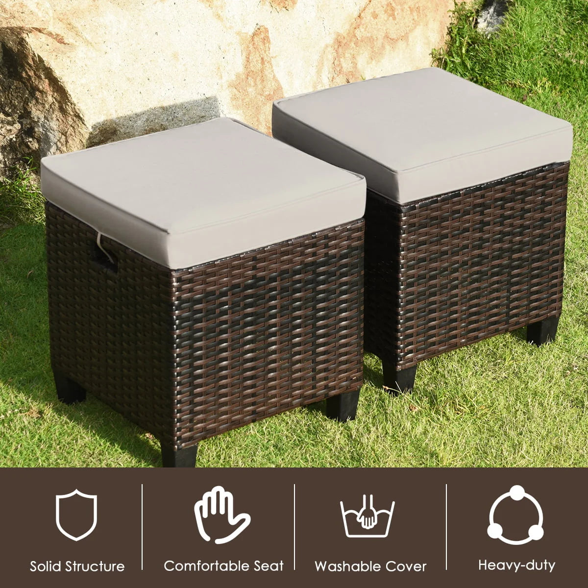 Gymax Set of 2 Patio Rattan Ottoman Footrest Garden Outdoor w/Brown Cushion