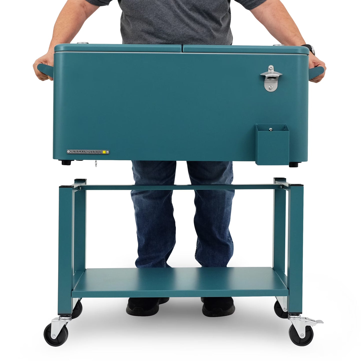 Permasteel 80-Qt Outdoor Steel Patio Cooler with Removable Basin, Rolling Cooler with Wheels, Teal Green