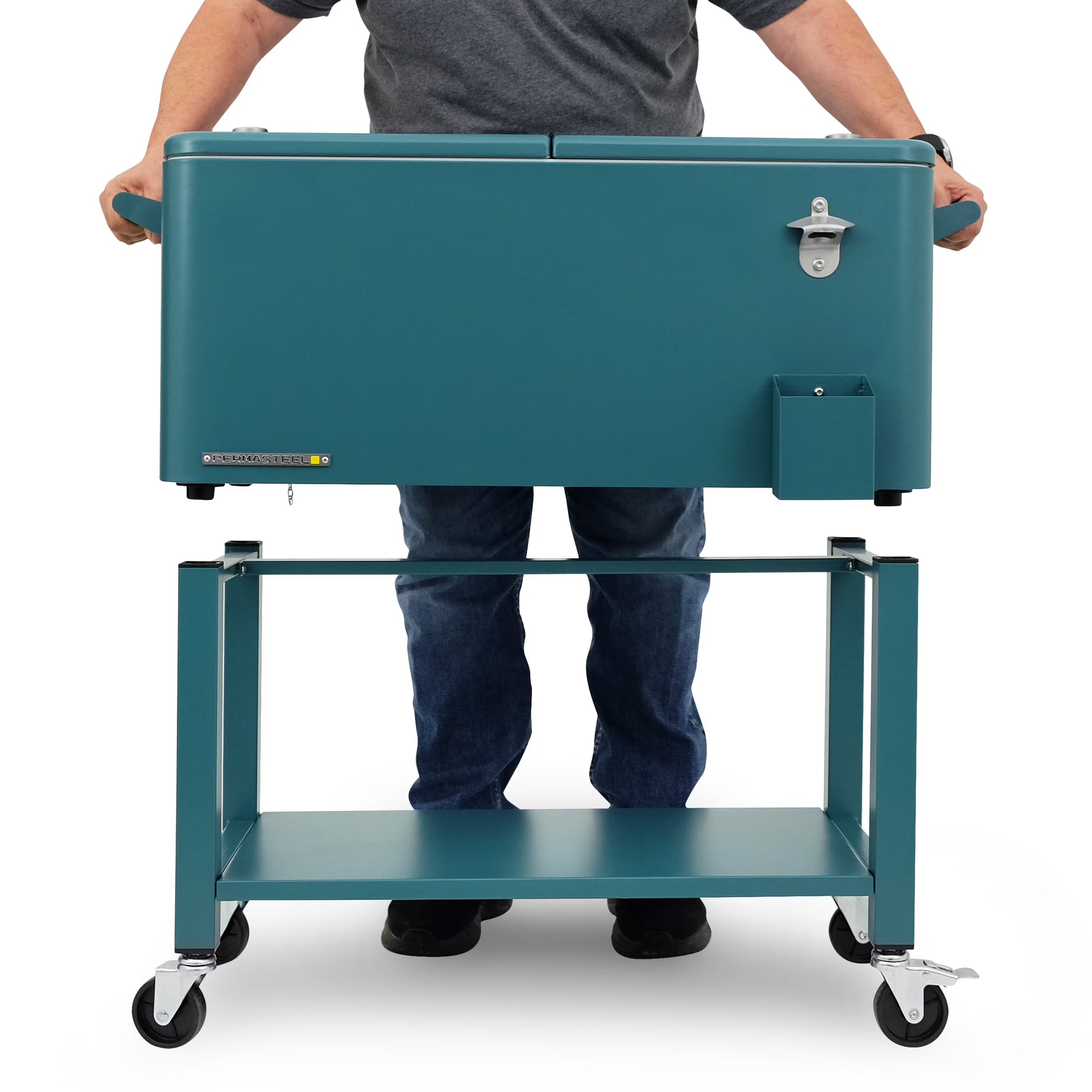 Permasteel 80-Qt Outdoor Steel Patio Cooler with Removable Basin, Rolling Cooler with Wheels, Teal Green