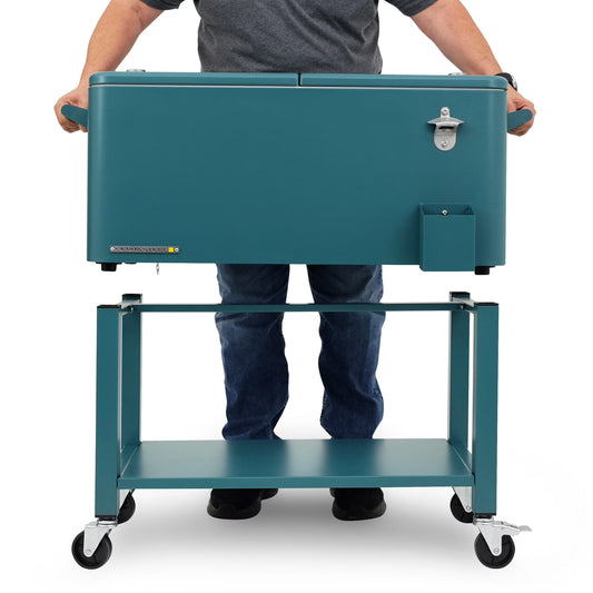 Permasteel 80-Qt Outdoor Steel Patio Cooler with Removable Basin, Rolling Cooler with Wheels, Teal Green