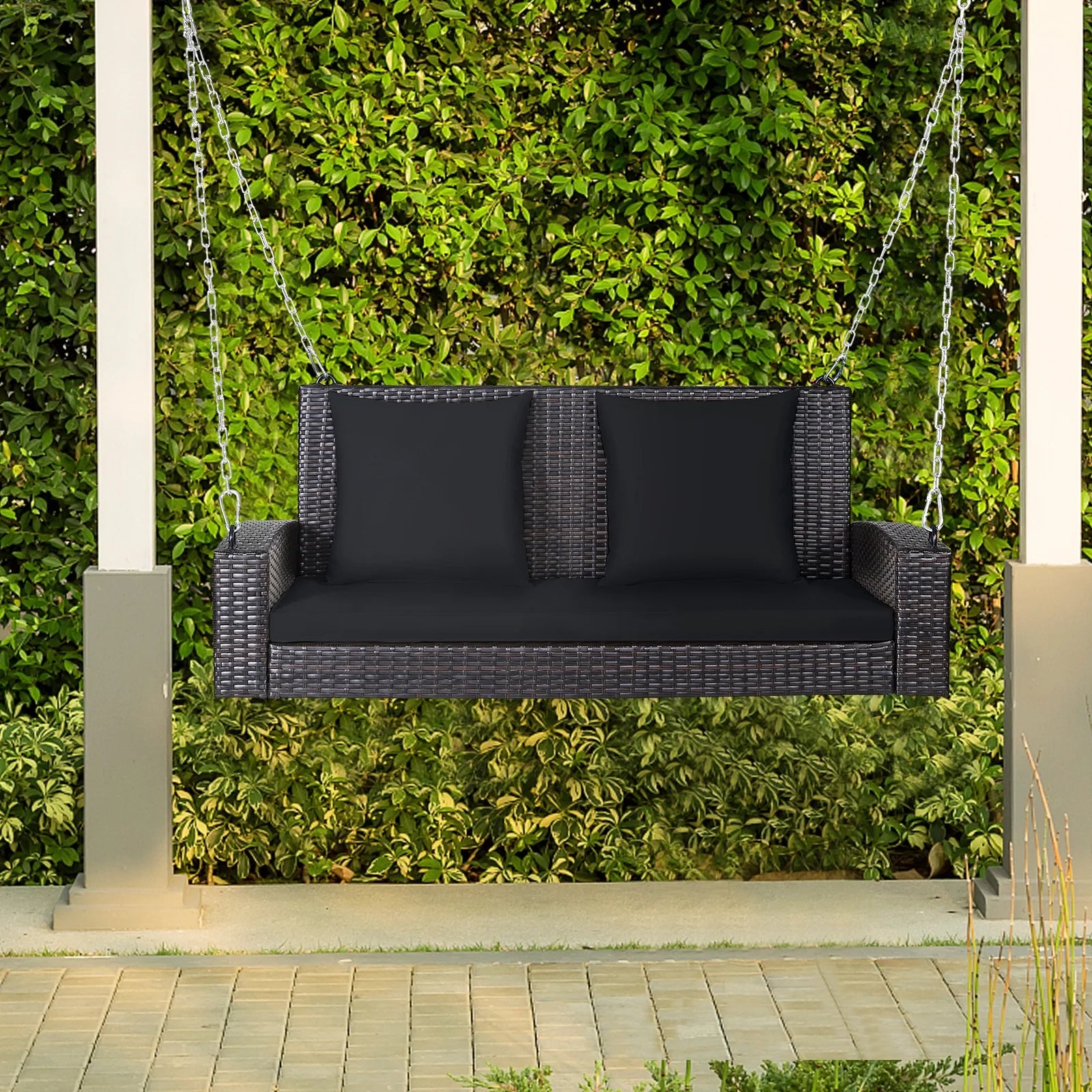 Topbuy Outdoor Wicker Porch Swing Bench 2-Person Patio Rattan Swing Chair W/Soft Cushions Black