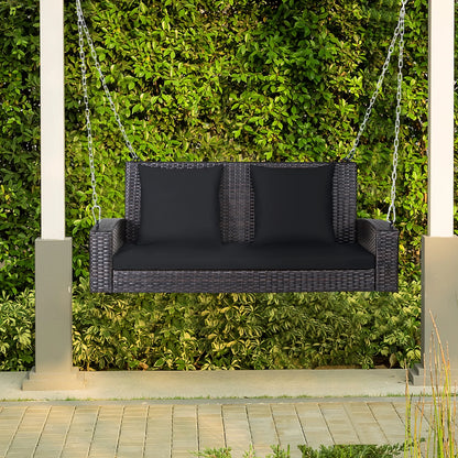 Topbuy Outdoor Wicker Porch Swing Bench 2-Person Patio Rattan Swing Chair W/Soft Cushions Black