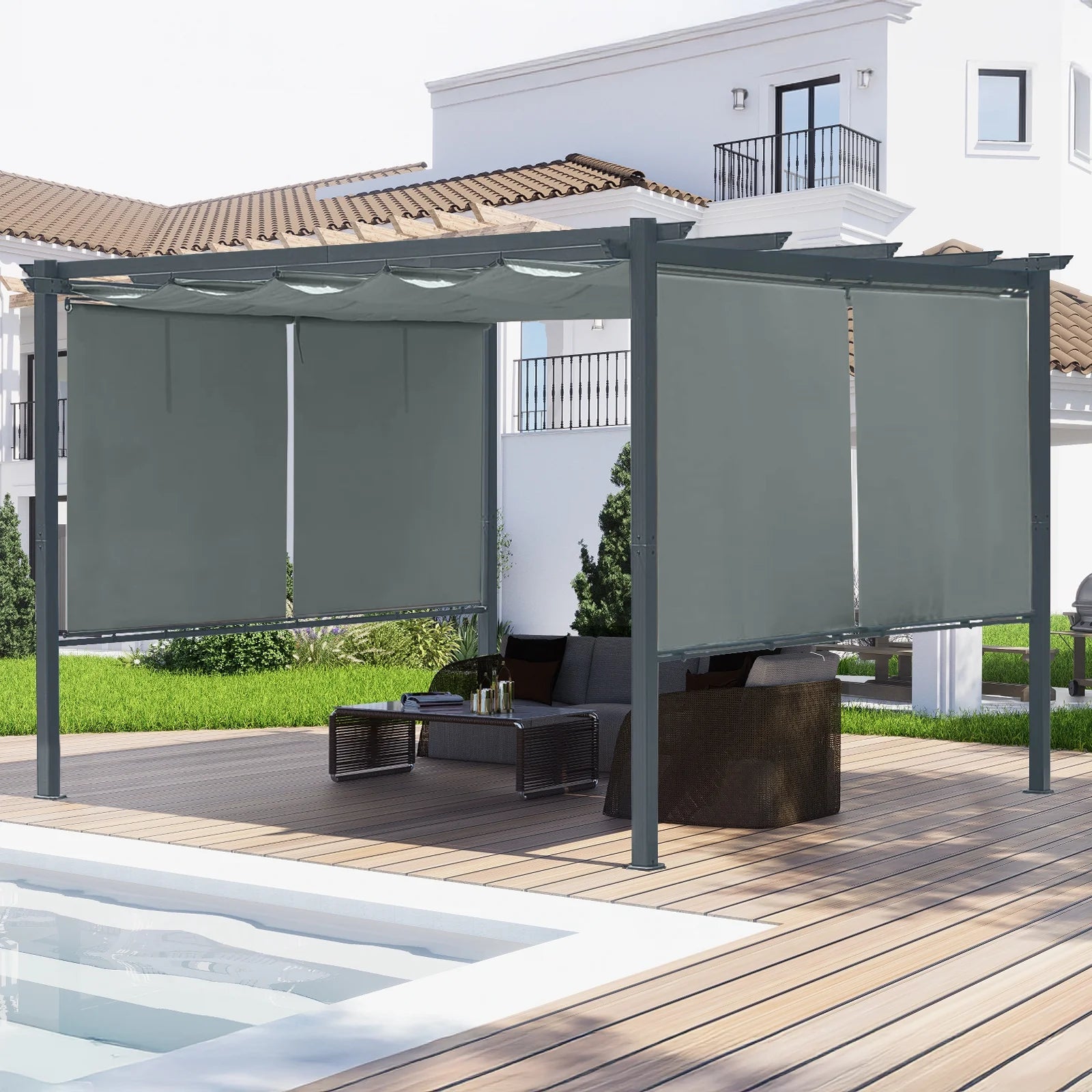 Aoodor 12 x 10 ft Outdoor Pergola with Retractable Shade Canopy, Dark Gray Matte Aluminum Frame, 4 Pieces Roller Shade Curtain, Grape Trellis Pergola for Patio Backyard -Dark Brown