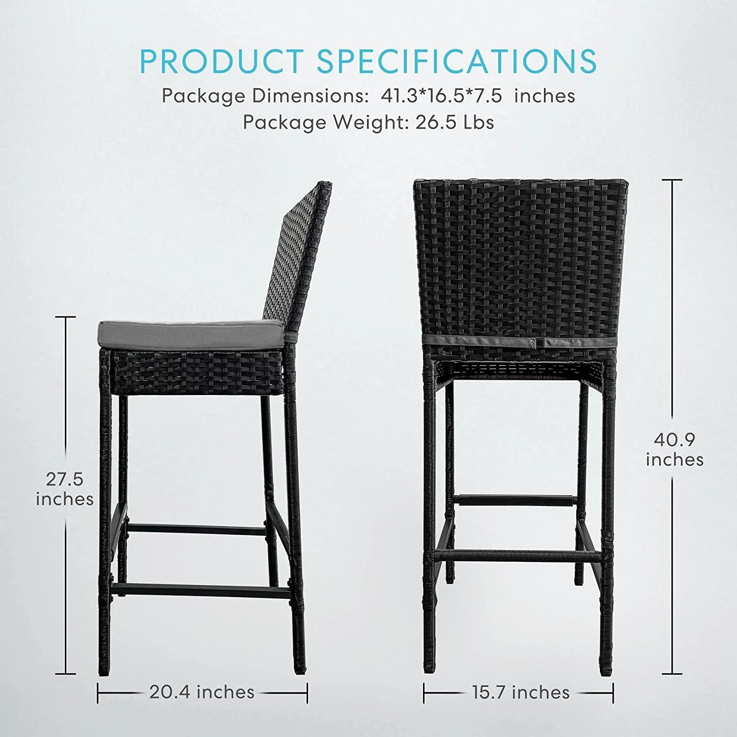 VIVOHOME Outdoor Wicker Bar Stools Set of 2, Patio Rattan Furniture with Cushions, Black