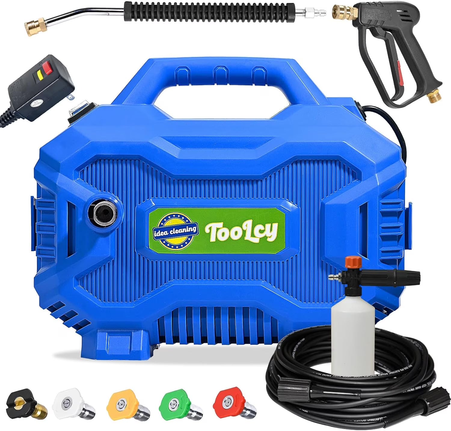 TOOLCY Pressure Washer 2030 PSI Max, 50FT Pressure Hose, Short Gun & Extension Wand, Foam Cannon, 5 Nozzles, Cars Patios Washer