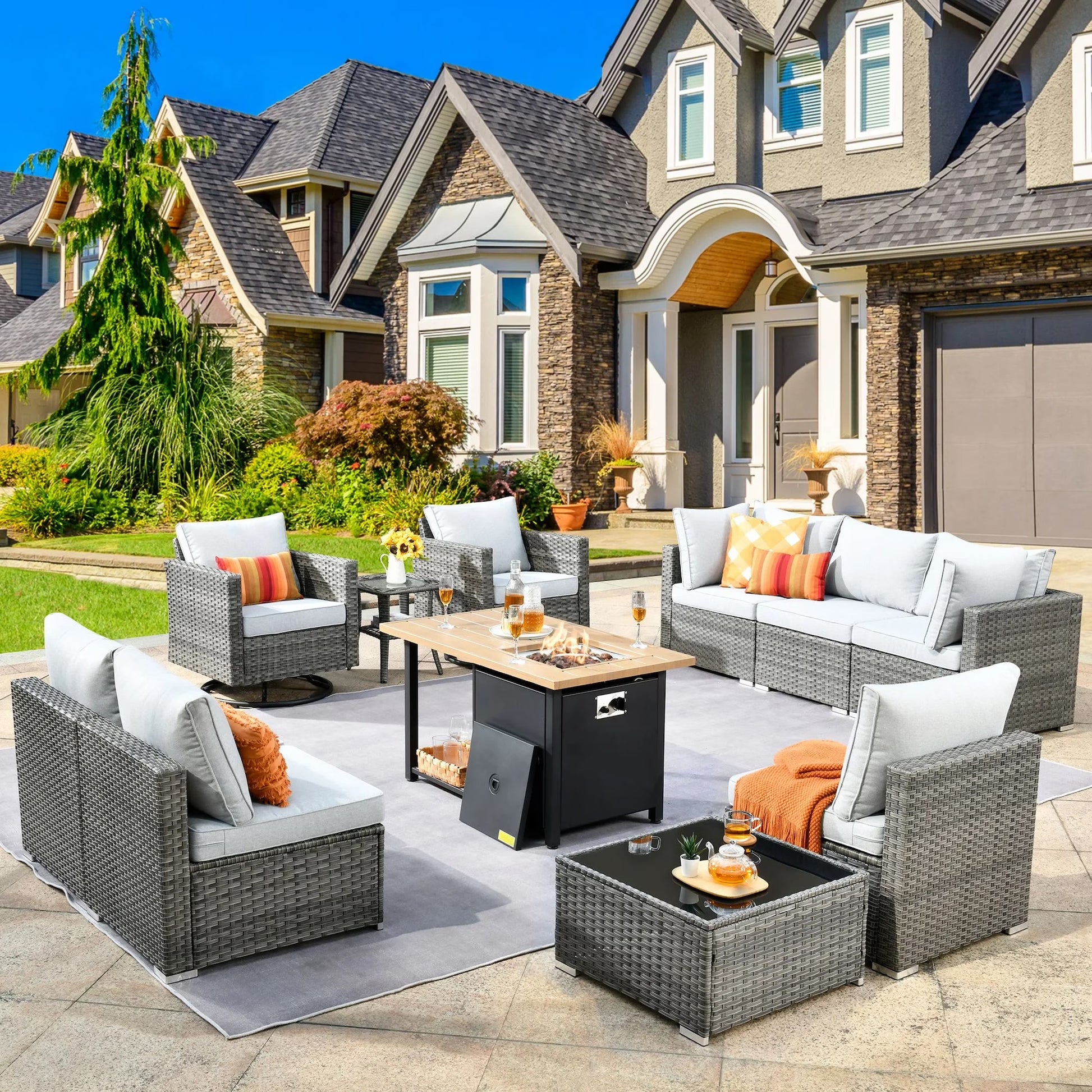 Vcatnet 11 Pieces Outdoor Patio Furniture Sets with Fire Pit Sectional Sofa All Weather Wicker Conversation Set with Swivel Glider Chairs, Black