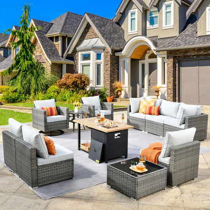 Vcatnet 11 Pieces Outdoor Patio Furniture Sets with Fire Pit Sectional Sofa All Weather Wicker Conversation Set with Swivel Glider Chairs, Black