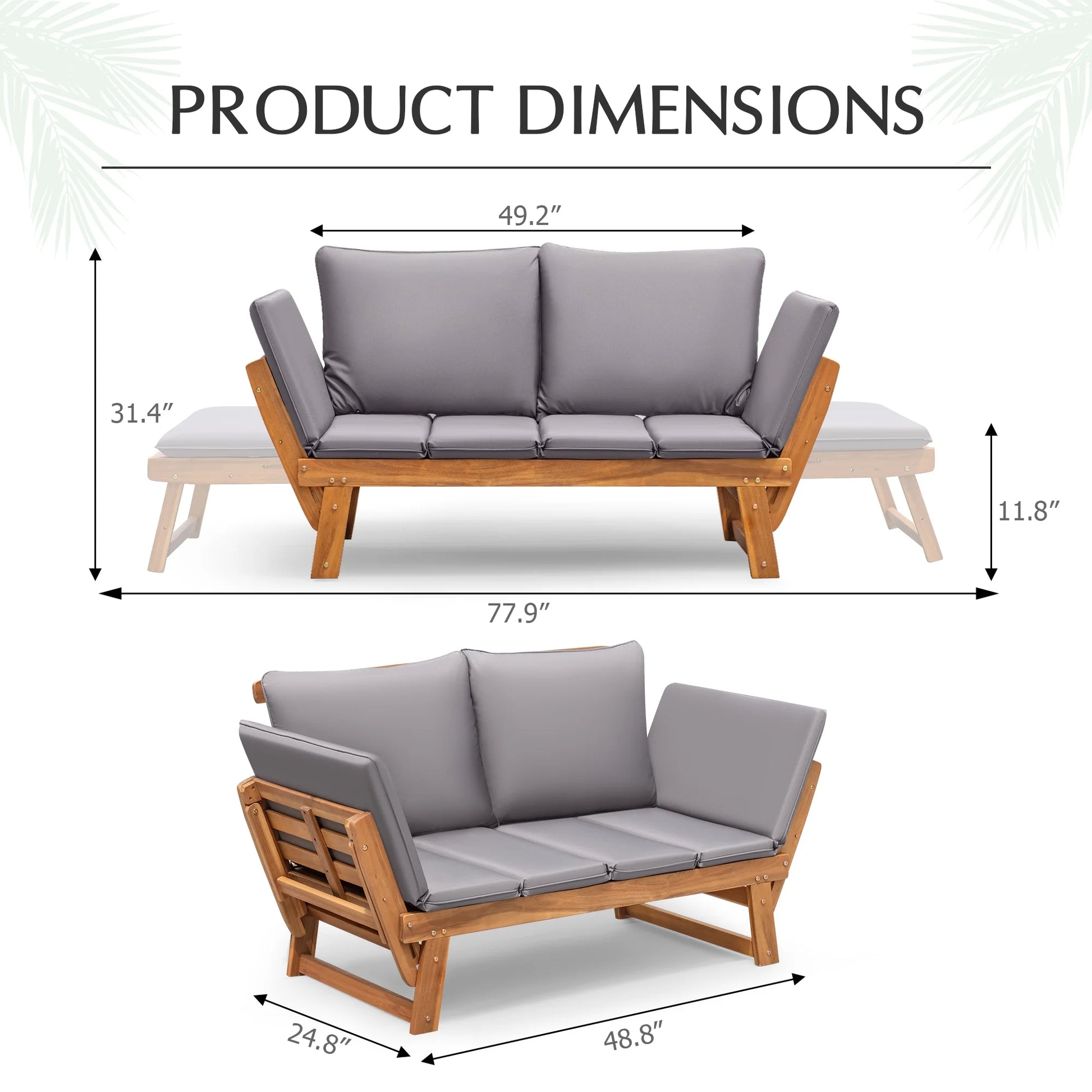Homall Outdoor Sofa Patio Acacia Wood Daybed with Adjustable Armrests, Gray