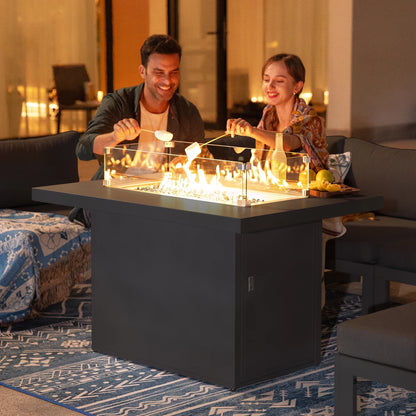 RADIATA 43" Aluminum Propane Fire Pit Table, 60,000 BTU Outdoor Gas Firepit, Rectangle CSA-Certified Patio Fireplace with Wind Guard & Glass Rocks, Rust-Proof Dark Gray Fire Table for Deck Poolside