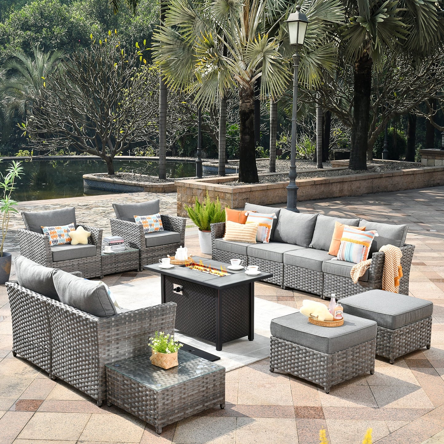 Vcatnet Patio Furniture Sets with 42" Fire Pit Table 13 Pieces Sectional Sofa All Weather PE Rattan Wicker Conversation Set with Ottoman for Porch, Backyard, Beige