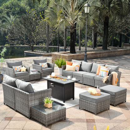 Vcatnet Patio Furniture Sets with 42" Fire Pit Table 13 Pieces Sectional Sofa All Weather PE Rattan Wicker Conversation Set with Ottoman for Porch, Backyard, Beige