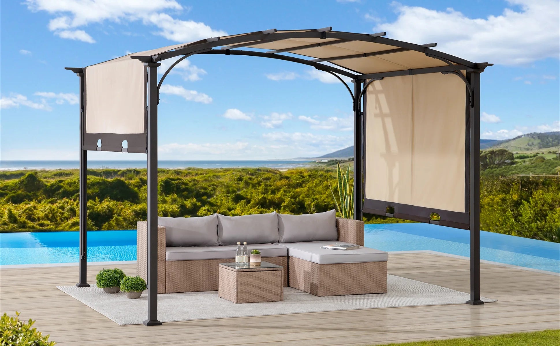 Sunjoy Lindt 9.5 x 11 ft. Outdoor Steel Arched Pergola with Adjustable Canopy for Patio, Backyard, and Garden, Tan & Brown
