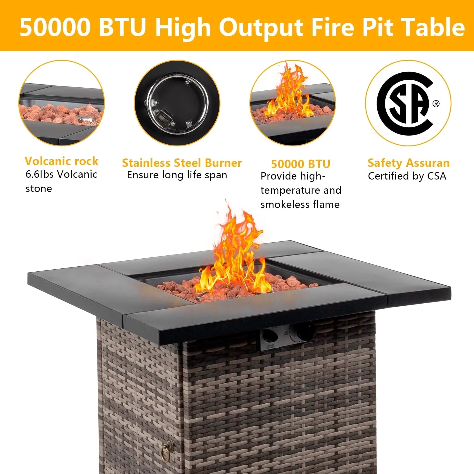 SEGMART Square Propane Fire Pit Table, Outdoor Gas Fire Pit Table with Lava Rocks and Lid, Gas Heater for Bonfire Patio Garden Backyard, 28-Inch 50,000 BTU Auto-Ignition Fire Table, CSA Certification