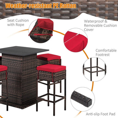 Aimee Lii 5 Pieces Patio Rattan Bar Table Stool Set Hidden Storage Shelf Cushioned, Outdoor Patio Furniture, Red