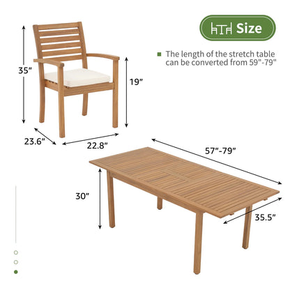 7 Piece Patio Dining Set, Outdoor Acacia Wood Furniture Set, Extendable Rectangular Table and 6 Stackable chairs w/Removeable Fabric Cushion, FSC Certified, for Deck Garden Backyard