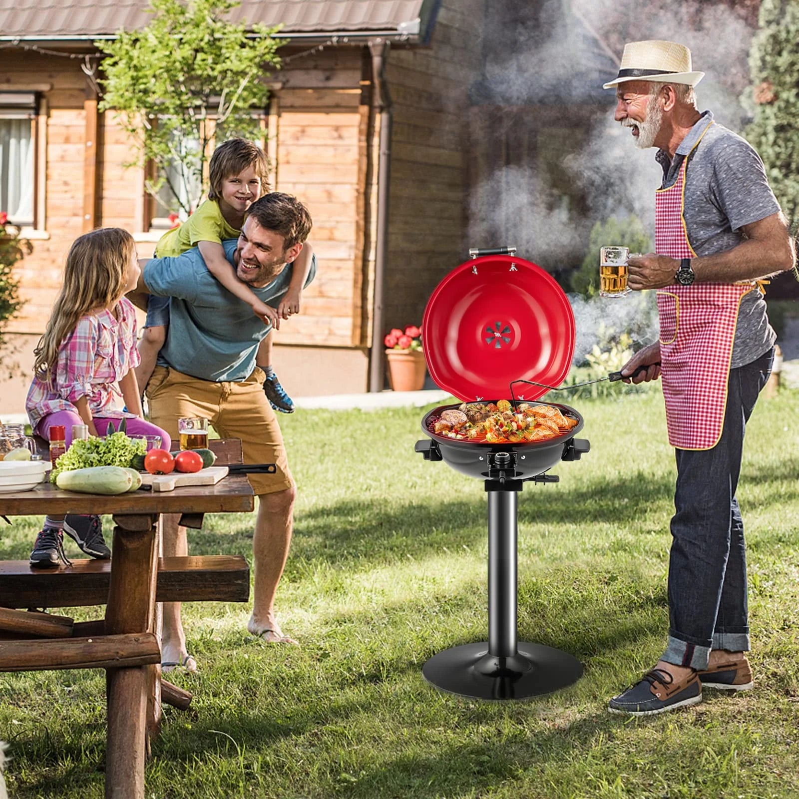 1600W Portable Electric Grill Outdoor BBQ Grill for 15-Serving, Electric Barbecue Grill for Indoor & Outdoor Use, Portable Stand BBQ Grill for Patio Balcony Kitchen Garden