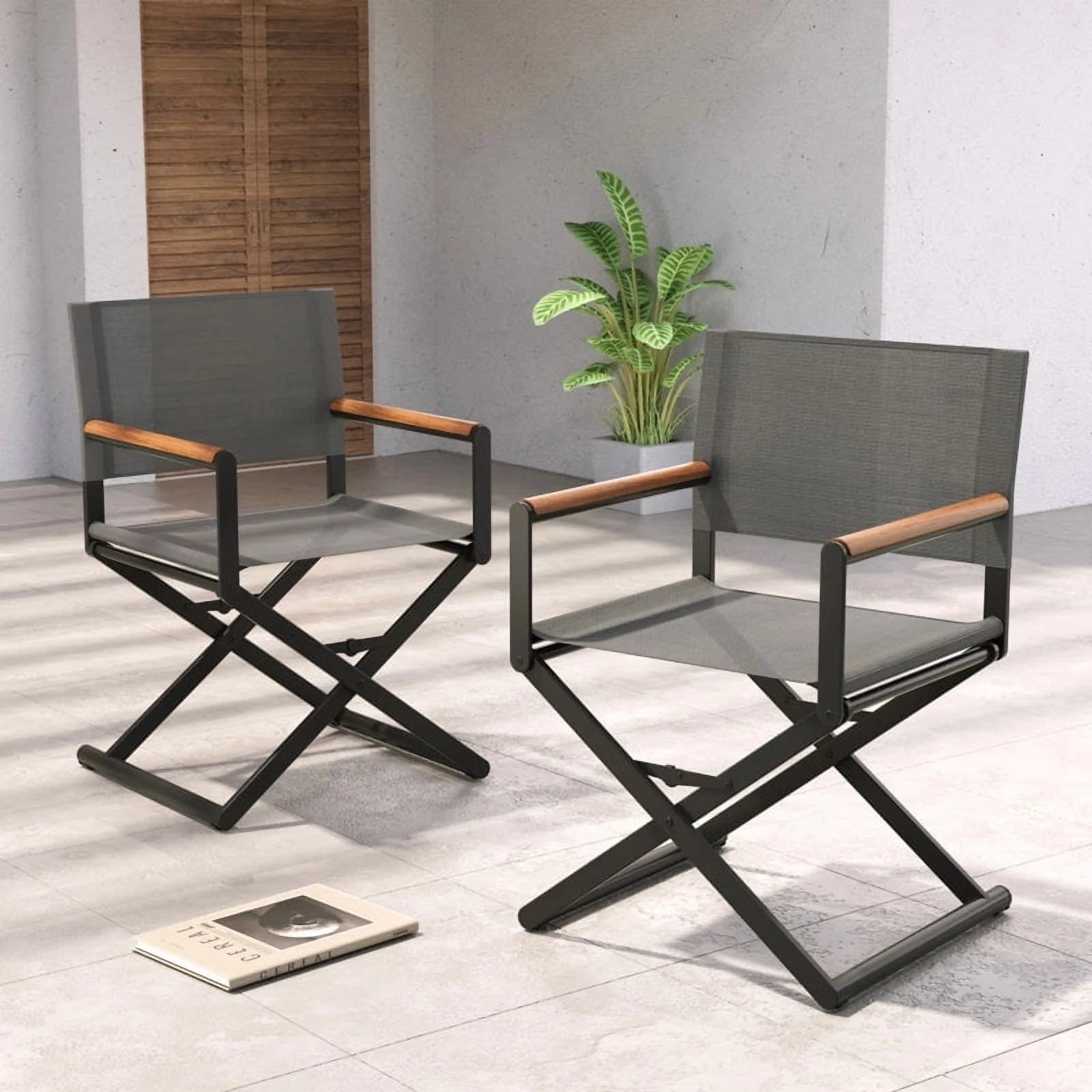 Grand Patio 22" Extra-Wide 2-Pack Directors Chairs, Foldable, Steel Frame, UV-Resistant Mesh, Wood Grain Armrests, Indoor/Outdoor, Dark Gray