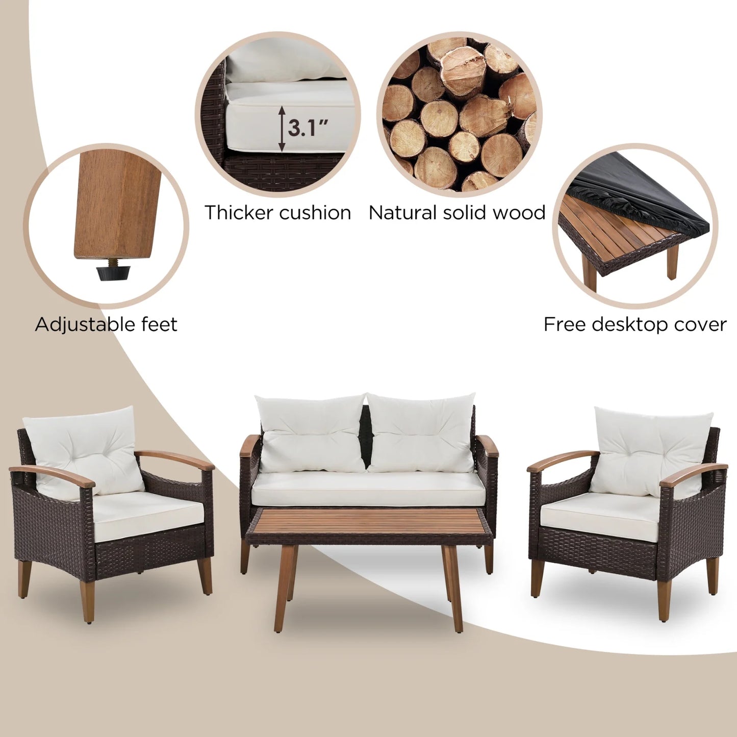 4 Piece Garden Furniture Set, Patio Seating Set with Wood Table, PE Rattan Sofa and 2 Chairs, Outdoor Conversation Set with Table Cover, Pillows and Adjustable Feet, Brown+Beige