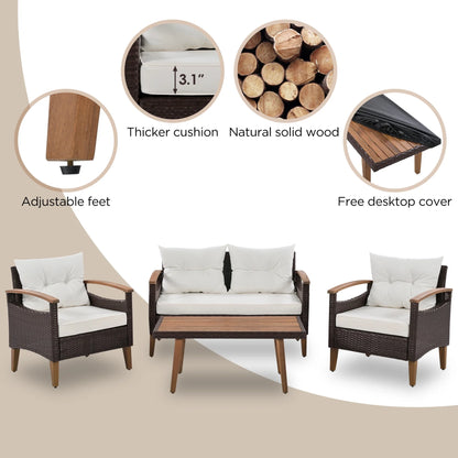 4 Piece Garden Furniture Set, Patio Seating Set with Wood Table, PE Rattan Sofa and 2 Chairs, Outdoor Conversation Set with Table Cover, Pillows and Adjustable Feet, Brown+Beige